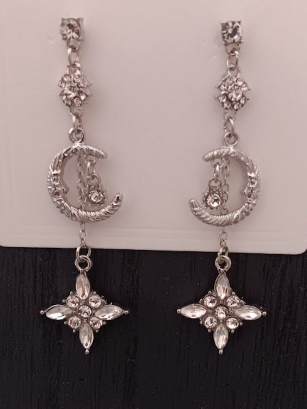 DESIGNER Celestial Silver Crescent Moon Starburst Clear Crystal Dangle Earrings - Picture 2 of 4